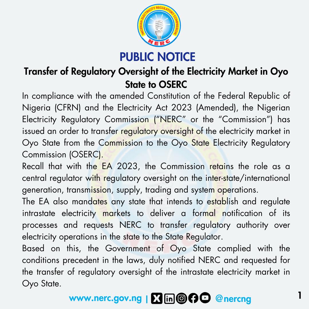 Transfer Of Regulatory Oversight Of The Electricity Market In Oyo State To OSERC