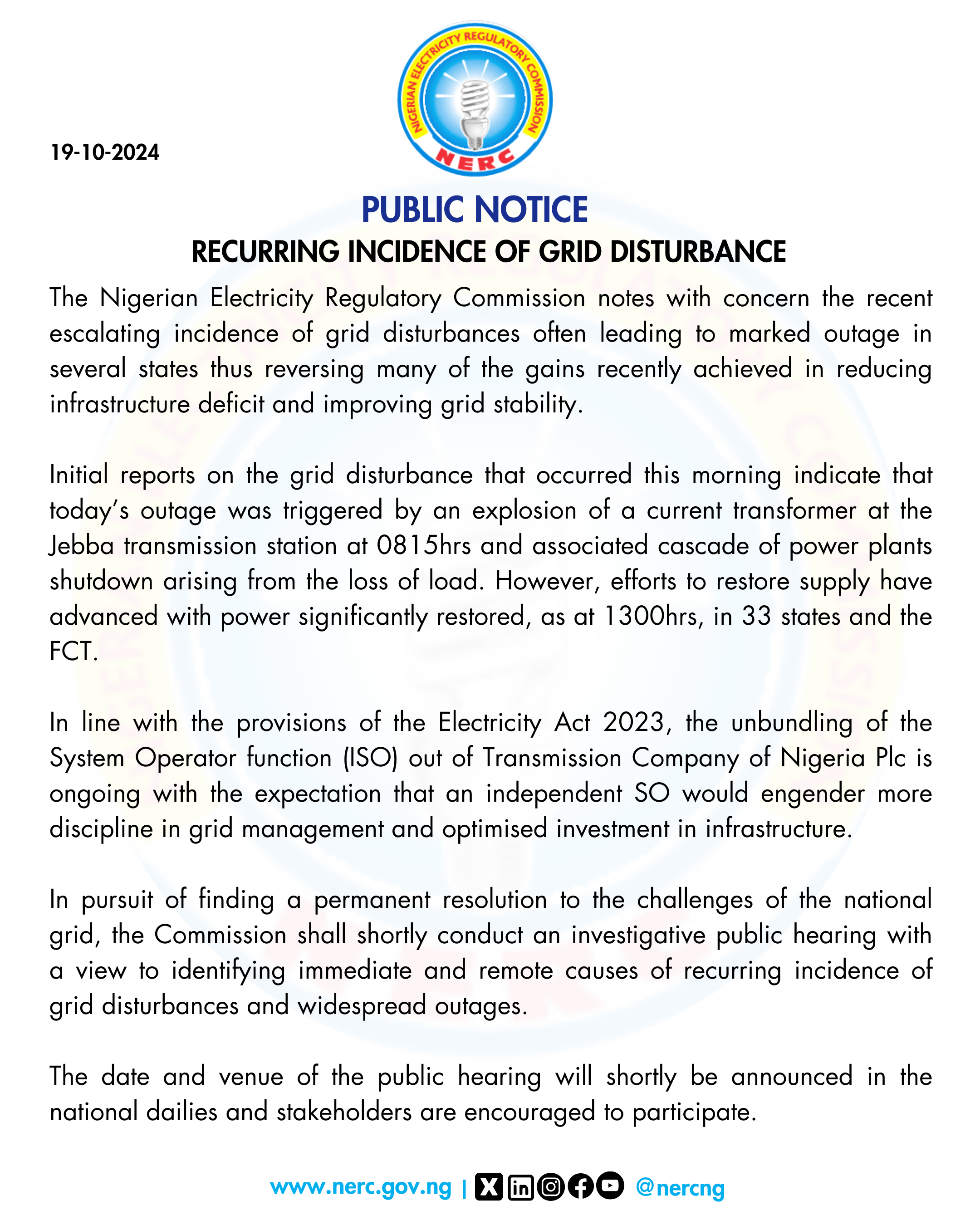 Recurring Incidence Of Grid Disturbance