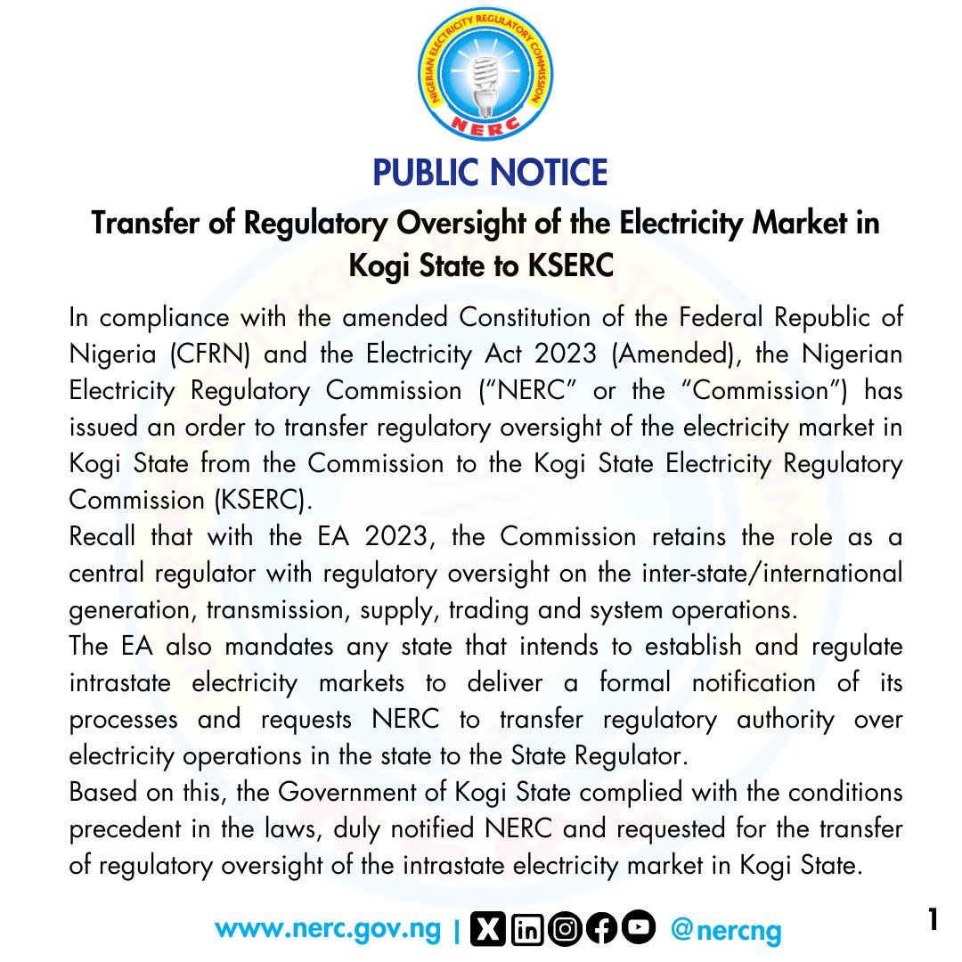 Transfer of Regulatory Oversight of the Electricity Market in Kogi State to KSERC