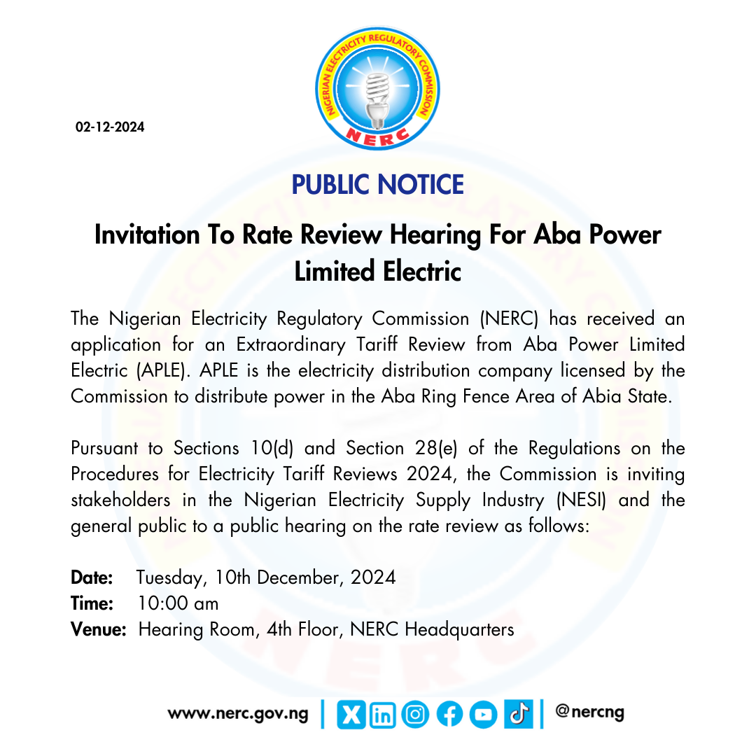 Invitation To A Rate Review Hearing For Aba Power Limited Electric