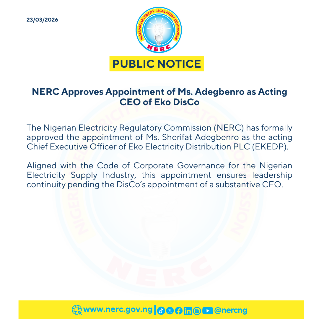 NERC Approves Appointment of Ms. Adegbenro as Acting CEO of Eko DisCo