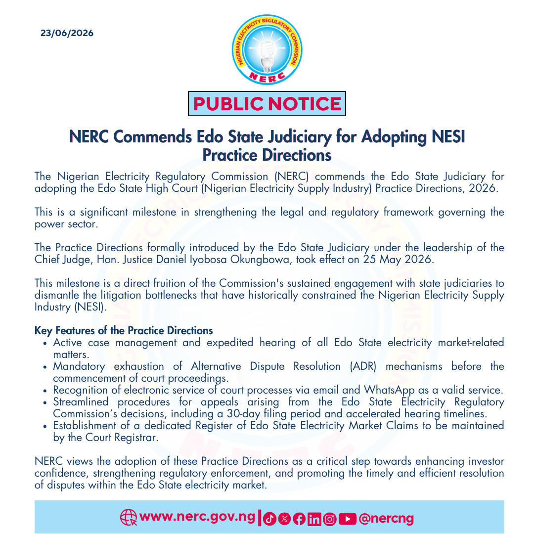 NERC Commends Edo State Judiciary for Adopting NESI Practice Directions