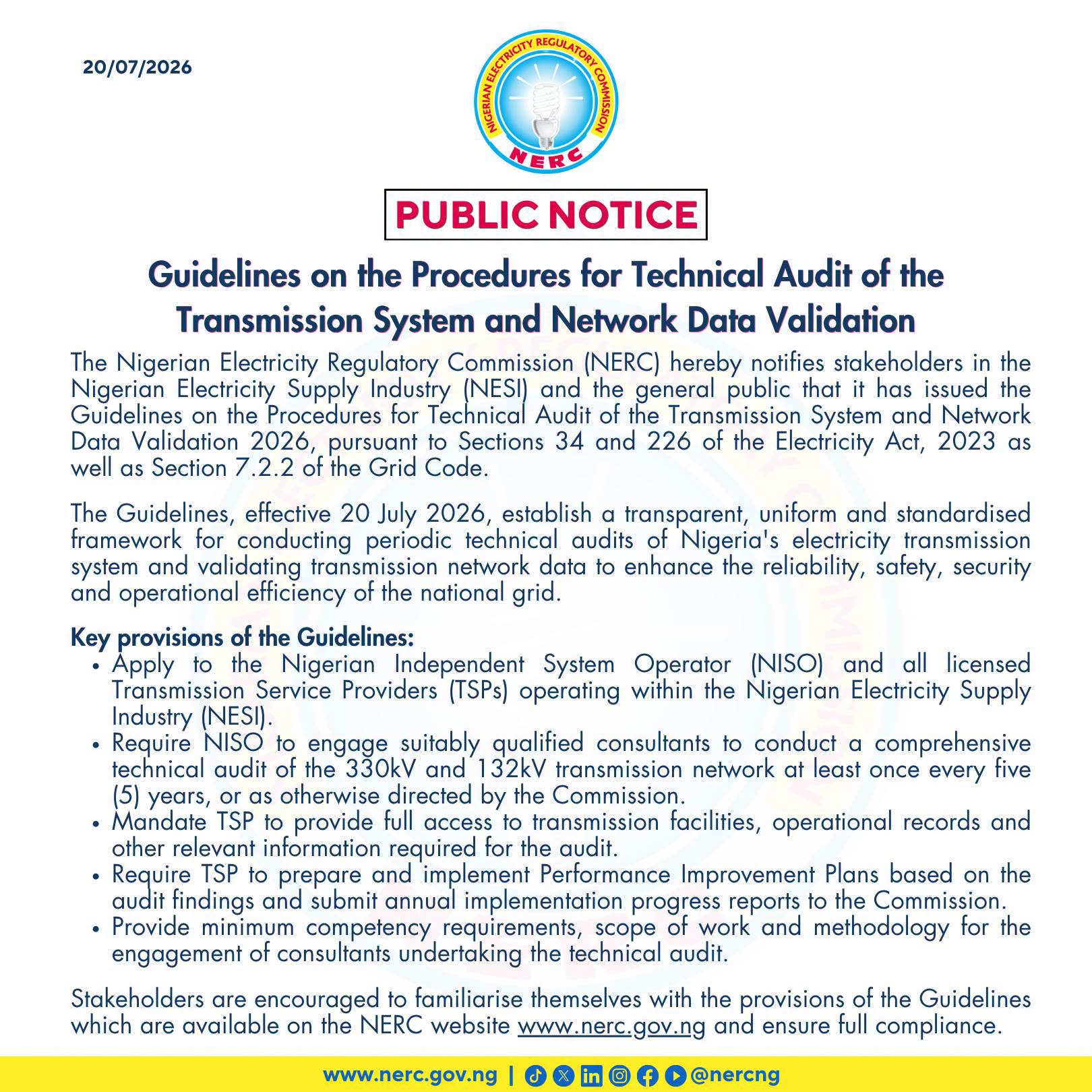 Guidelines on the Procedures for Technical Audit of the Transmission System and Network Data Validation